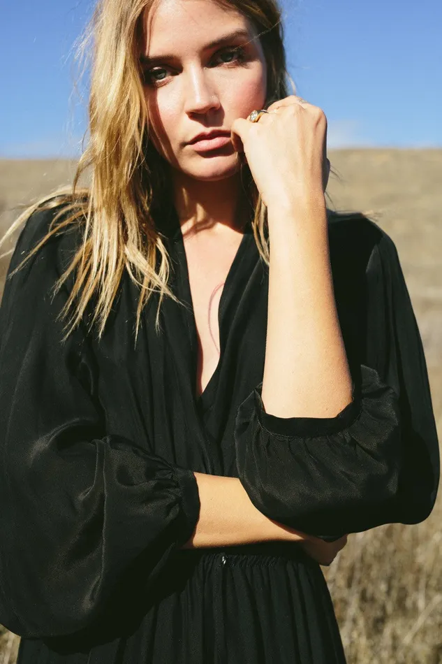 Nico LS Maxi With Sash Black Silk Women Natalie Martin Dresses