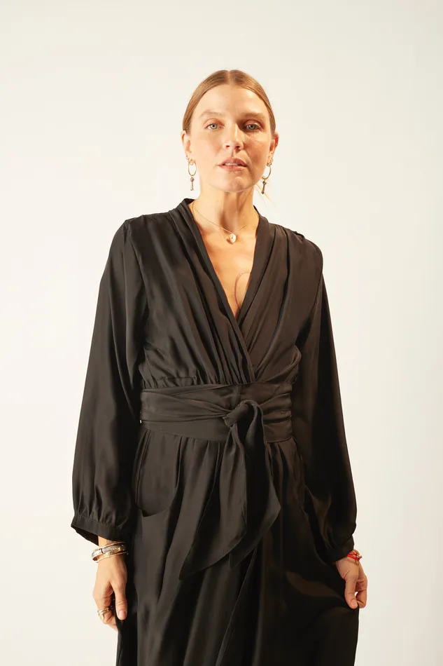 Nico LS Maxi With Sash Black Silk Women Natalie Martin Dresses