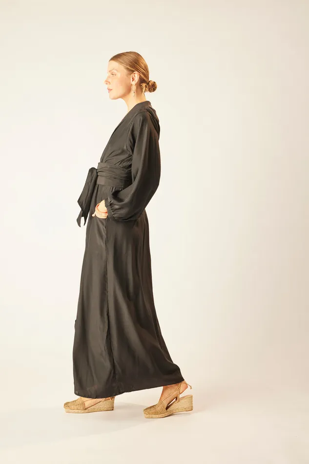 Nico LS Maxi With Sash Black Silk Women Natalie Martin Dresses