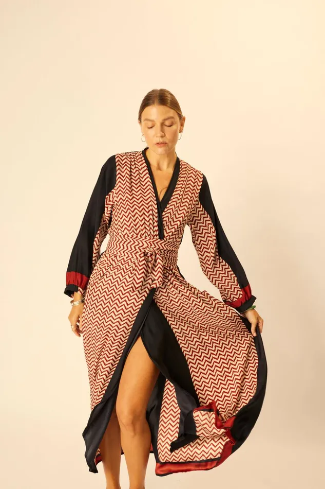 Nico LS Maxi With Sash Block Zigzag Noire Women Natalie Martin Dresses