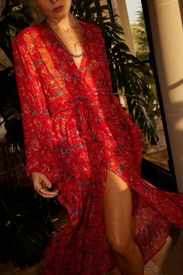 Nico LS Maxi With Sash Silk Watercolor Onyx Women Natalie Martin Dresses