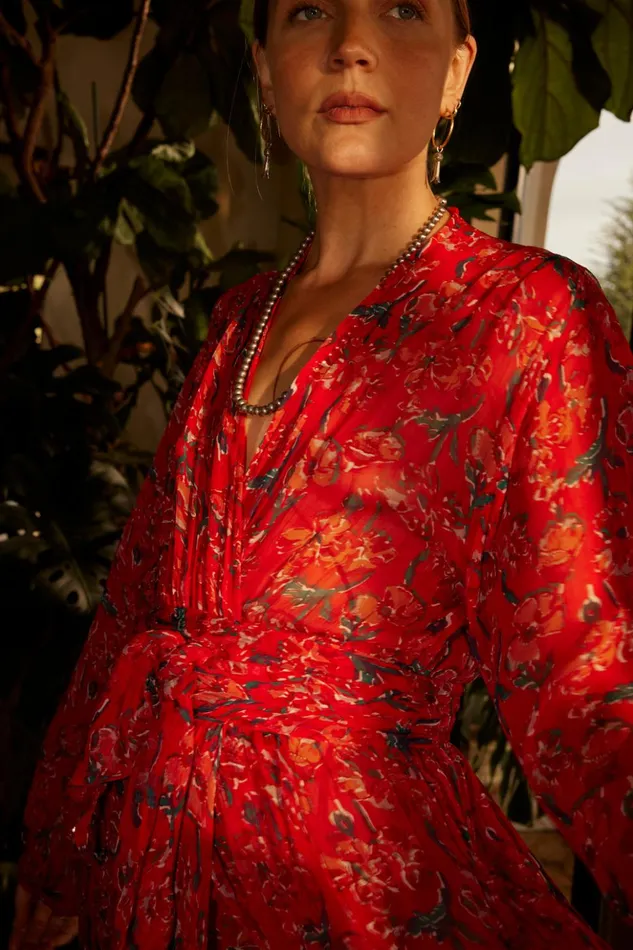 Nico LS Maxi With Sash Silk Watercolor Onyx Women Natalie Martin Dresses