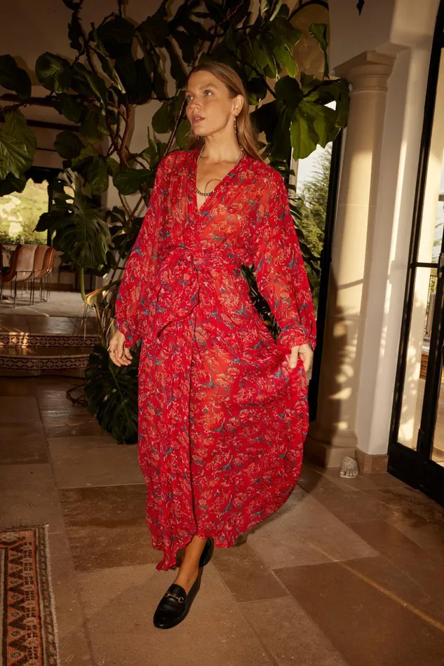 Nico LS Maxi With Sash Silk Watercolor Onyx Women Natalie Martin Dresses