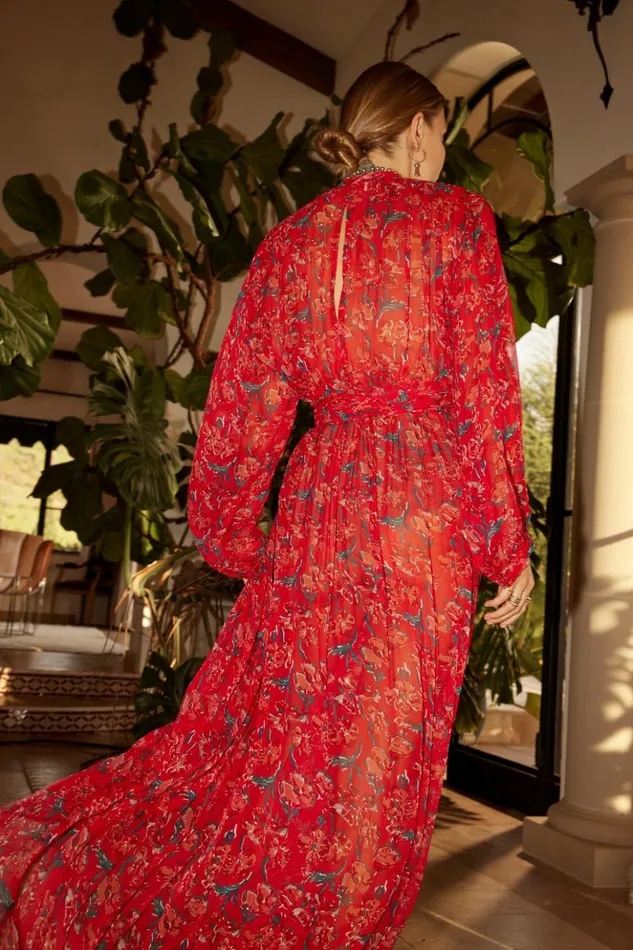 Nico LS Maxi With Sash Silk Watercolor Onyx Women Natalie Martin Dresses