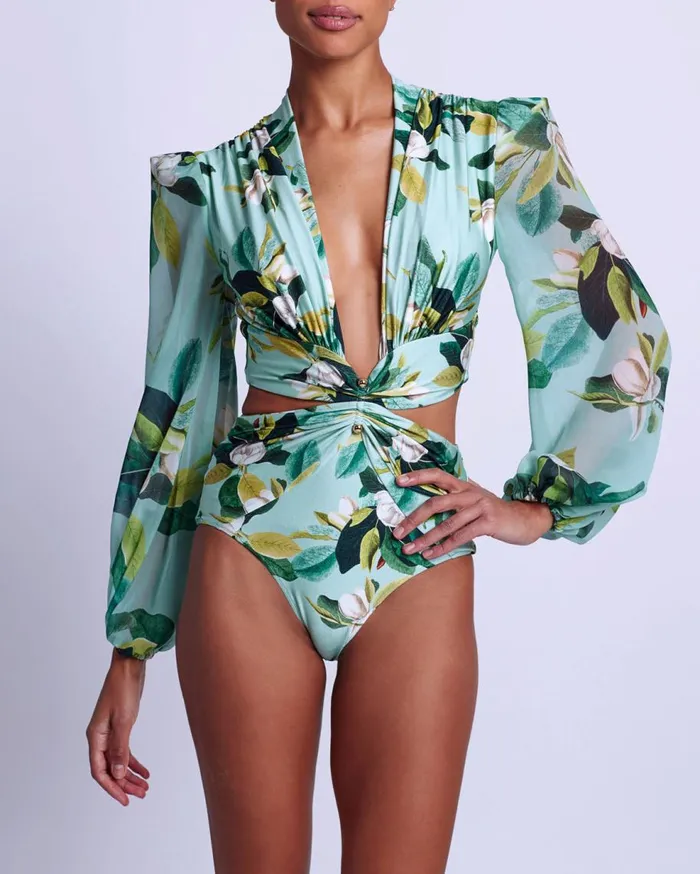 One Pieces Women Patbo Magnolia Plunge Bodysuit Green Multi