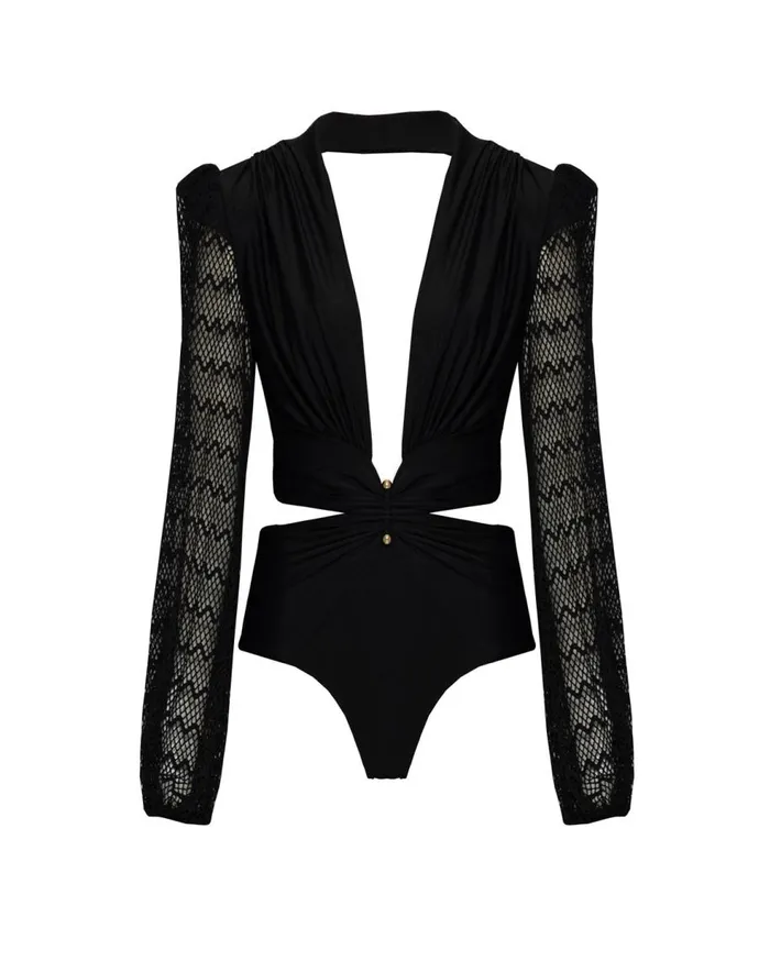 One Pieces Women Patbo Plunge Netted Sleeve Swimsuit Black