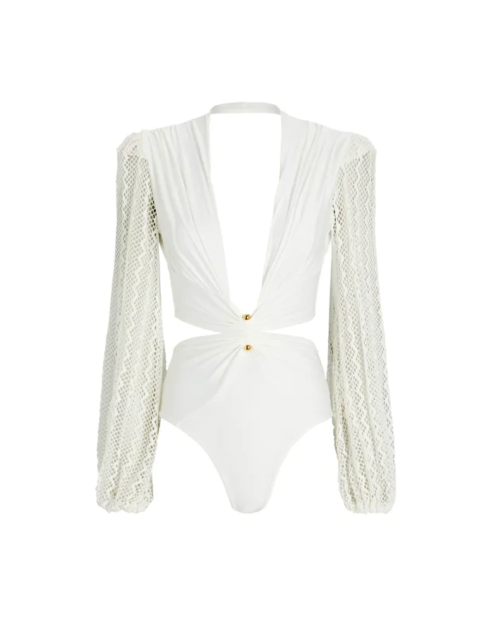 One Pieces Women Patbo Plunge Netted Sleeve Swimsuit White