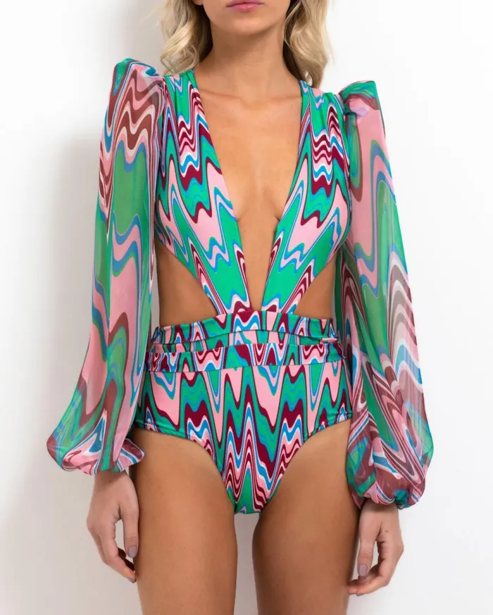 One Pieces Women Patbo Wave CutOut Bodysuit Green Multi