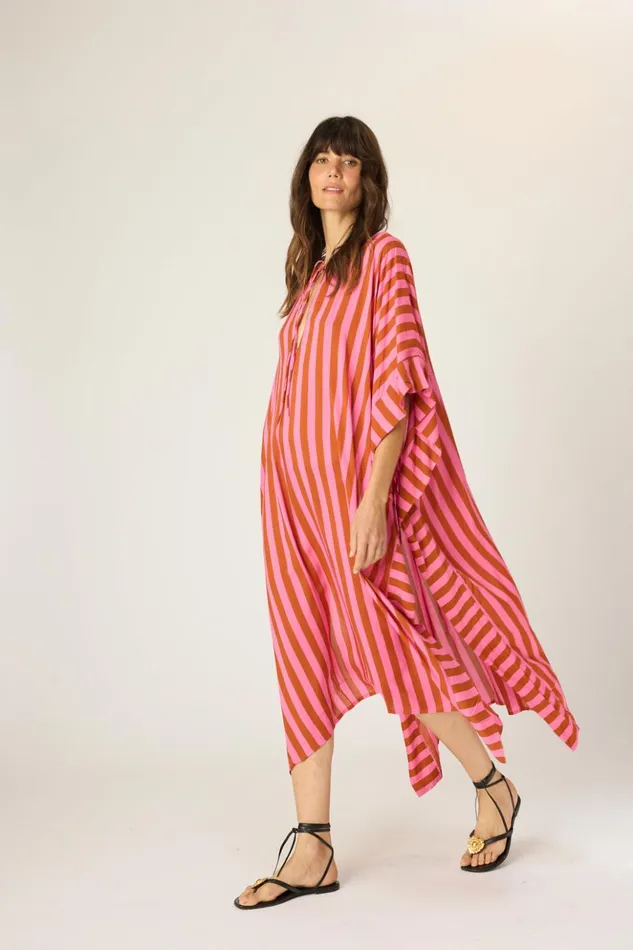 Paulina Caftan Thick Stripe Pink Women Natalie Martin Dresses