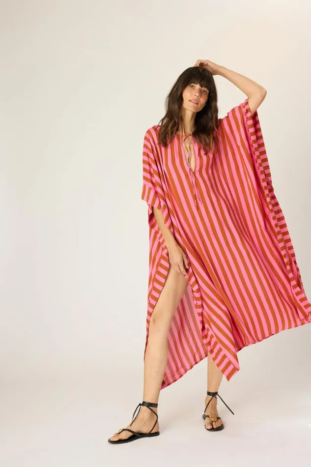 Paulina Caftan Thick Stripe Pink Women Natalie Martin Dresses