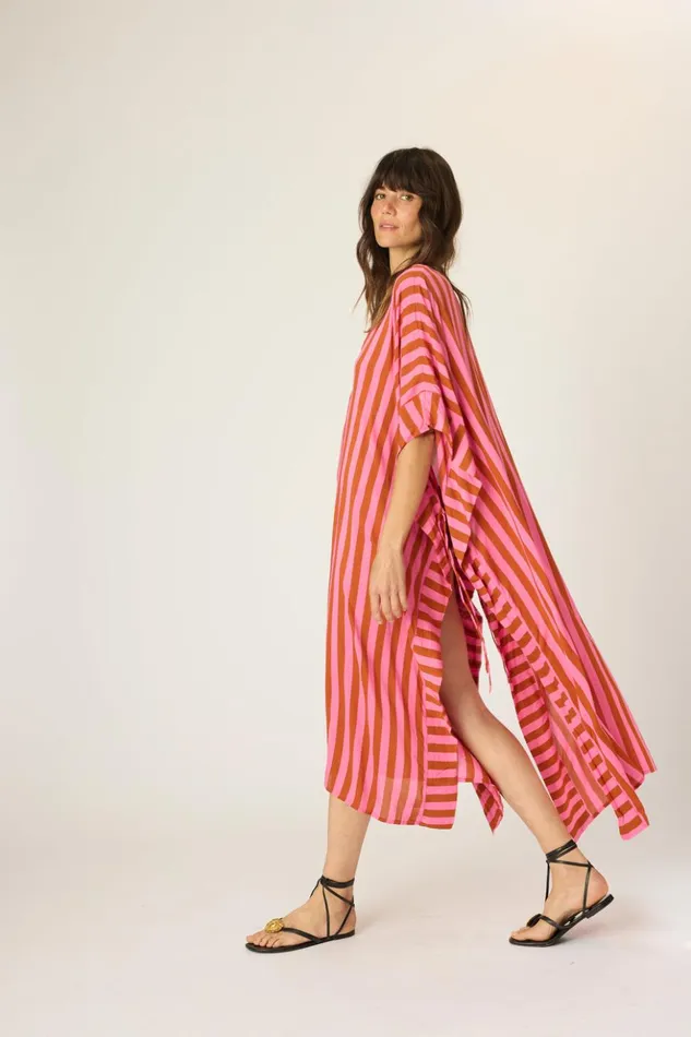 Paulina Caftan Thick Stripe Pink Women Natalie Martin Dresses