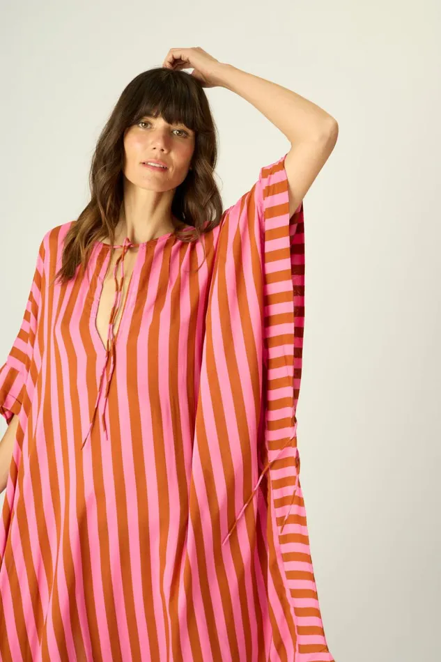 Paulina Caftan Thick Stripe Pink Women Natalie Martin Dresses