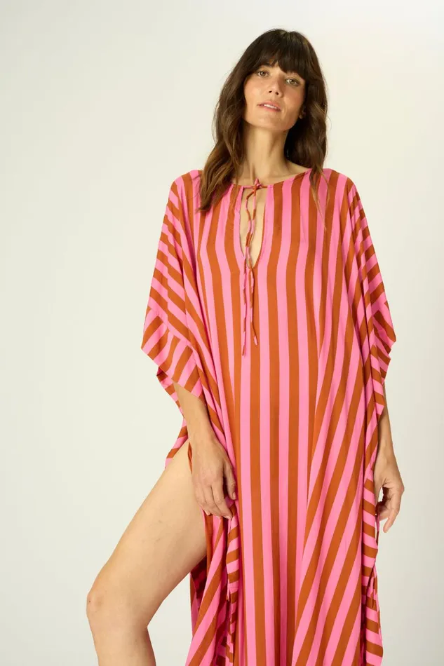 Paulina Caftan Thick Stripe Pink Women Natalie Martin Dresses
