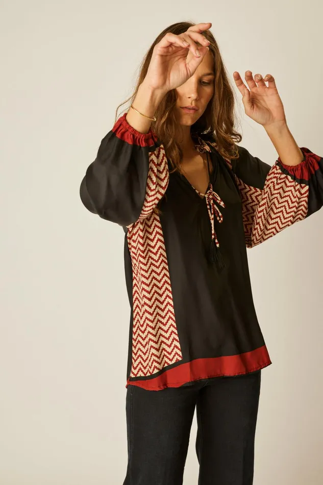 Penny Blouse Block Zigzag Noire Women Natalie Martin Tops
