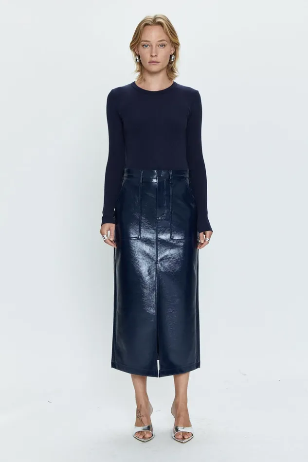 Pistola Denim Alice Utility Midi Skirt 8211 Navy Vinyl Women Shorts and Skirts