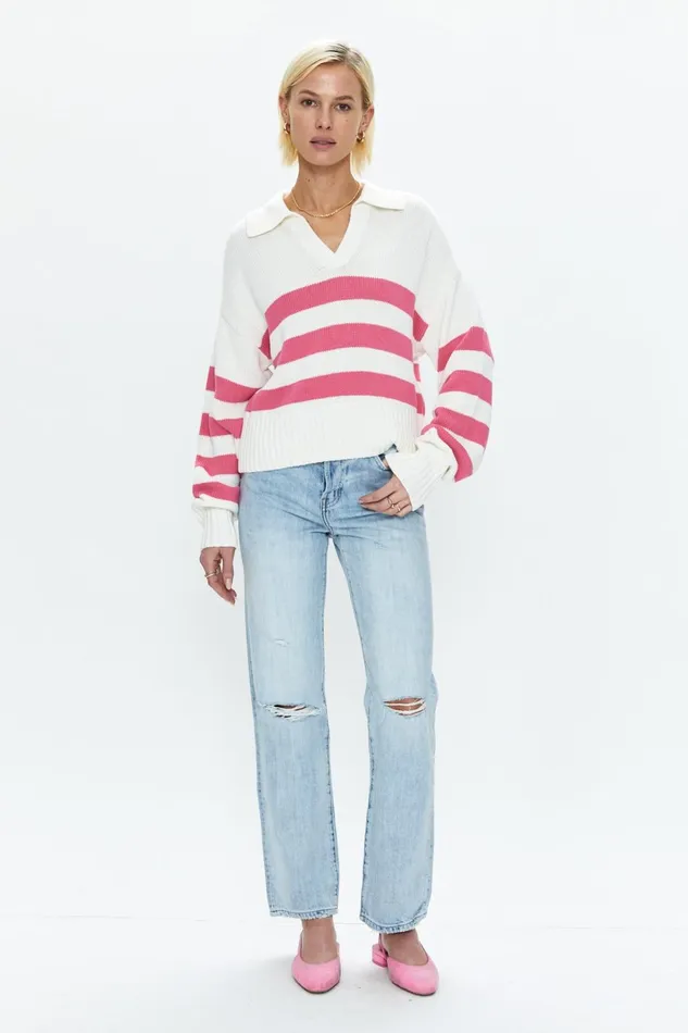 Pistola Denim Arlo Polo Sweater 8211 Flamingo White Stripe Women Sweaters and Knits