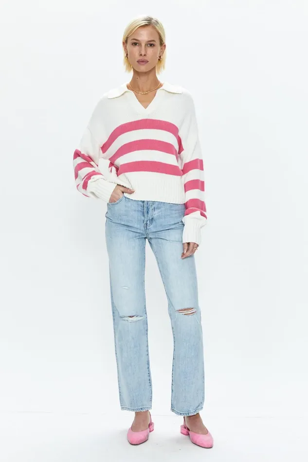 Pistola Denim Arlo Polo Sweater 8211 Flamingo White Stripe Women Sweaters and Knits