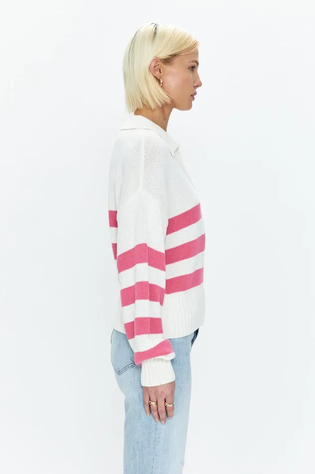 Pistola Denim Arlo Polo Sweater 8211 Flamingo White Stripe Women Sweaters and Knits