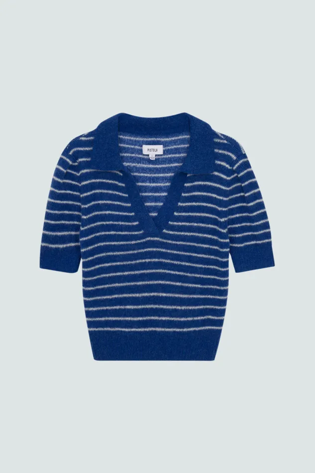 Pistola Denim Billie Pleat Sleeve Polo 8211 Blue White Stripe Women Tops