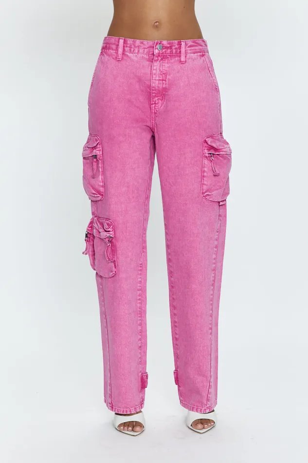 Pistola Denim Bobbie Utility Mid Rise Loose Straight Cargo 8211 Pink Garnet Snow Women Denim