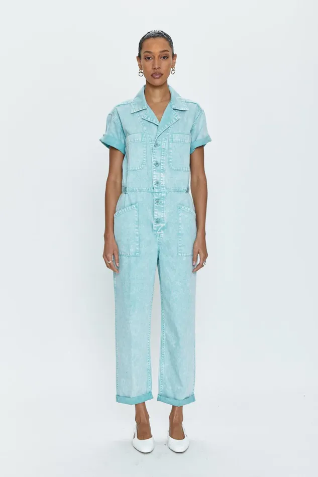 Pistola Denim Grover Short Sleeve Field Suit 8211 Aqua Snow Women Jumpsuits and Rompers