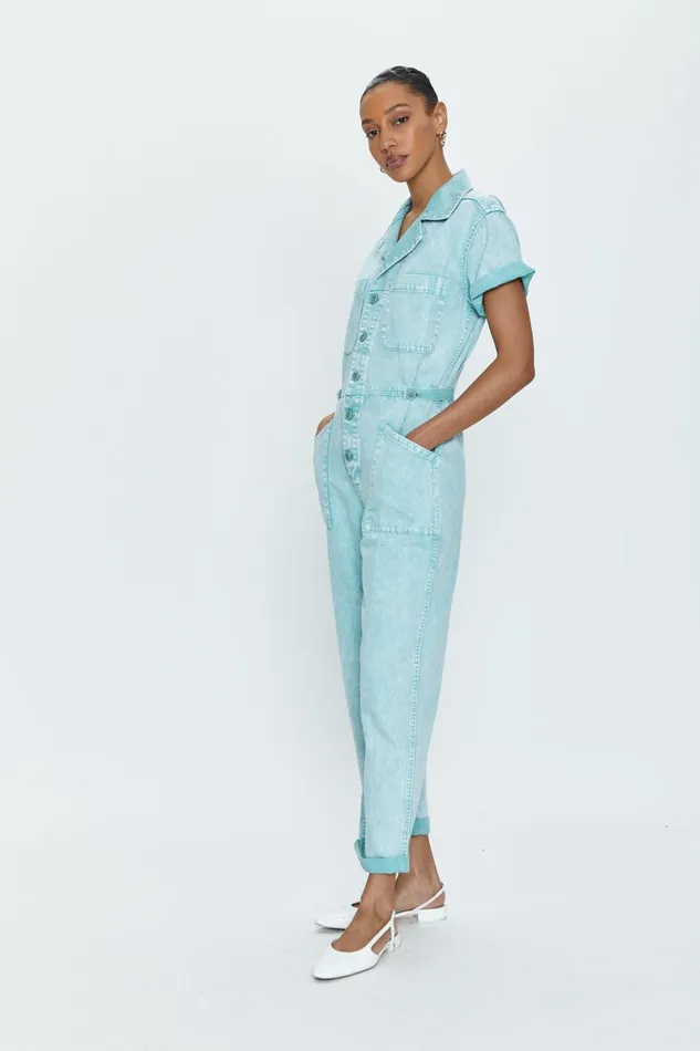 Pistola Denim Grover Short Sleeve Field Suit 8211 Aqua Snow Women Jumpsuits and Rompers