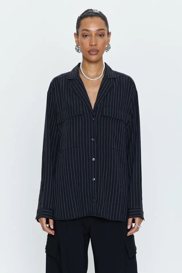 Pistola Denim Irene Effortless Button Down Shirt 8211 Black Pinstripe Women Tops