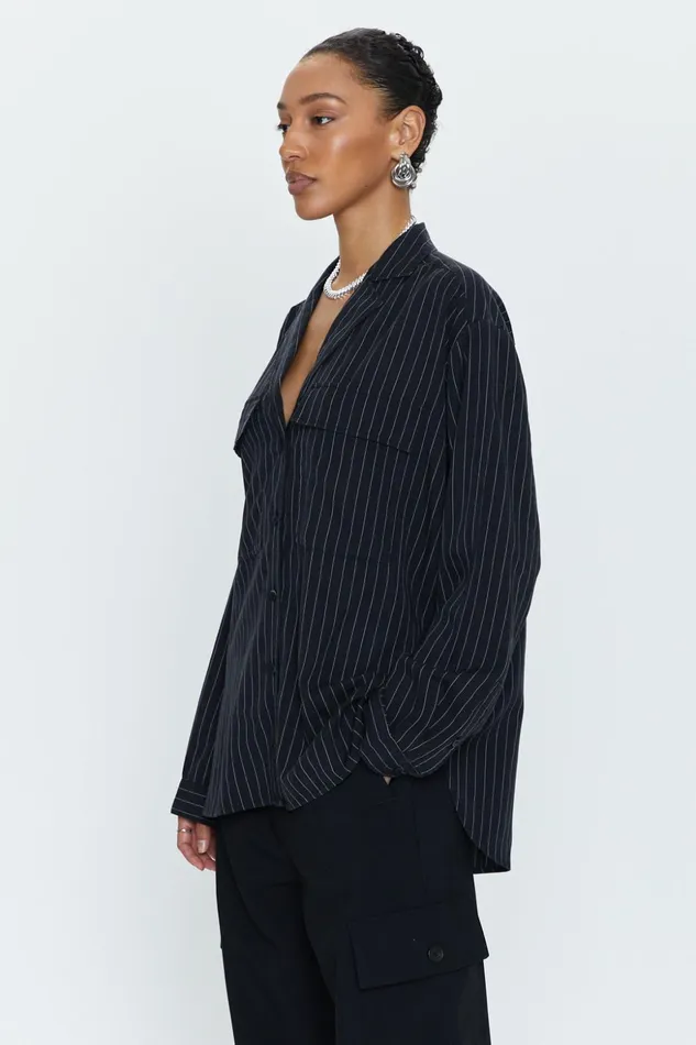 Pistola Denim Irene Effortless Button Down Shirt 8211 Black Pinstripe Women Tops