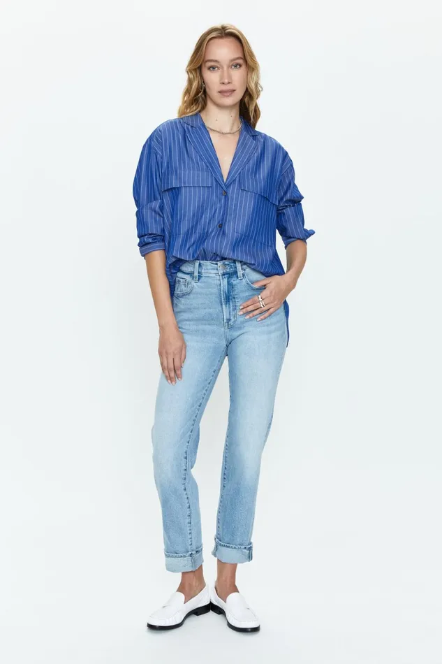 Pistola Denim Irene Effortless Button Down Shirt 8211 Dark Blue Pinstripe Women Tops
