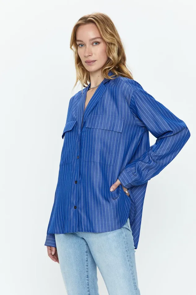 Pistola Denim Irene Effortless Button Down Shirt 8211 Dark Blue Pinstripe Women Tops