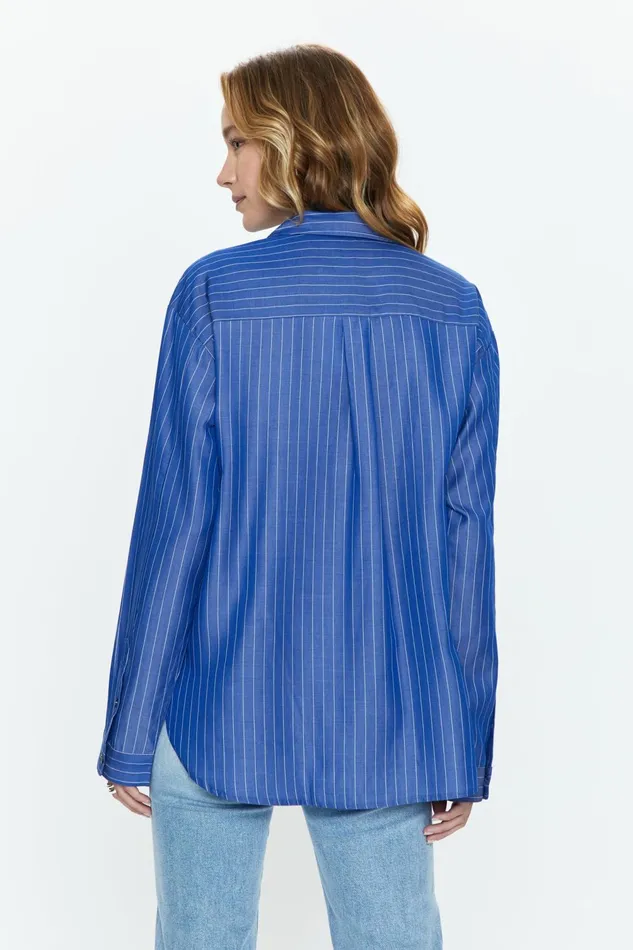Pistola Denim Irene Effortless Button Down Shirt 8211 Dark Blue Pinstripe Women Tops