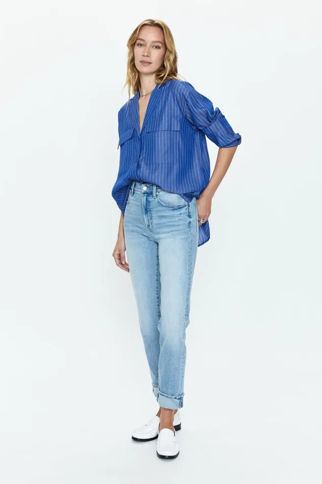 Pistola Denim Irene Effortless Button Down Shirt 8211 Dark Blue Pinstripe Women Tops