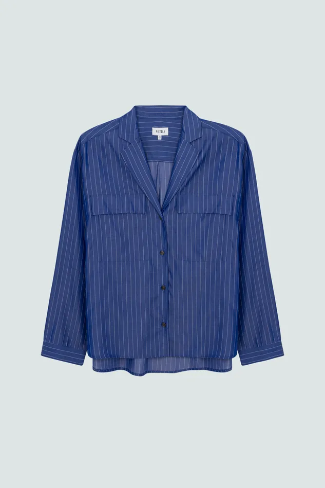 Pistola Denim Irene Effortless Button Down Shirt 8211 Dark Blue Pinstripe Women Tops