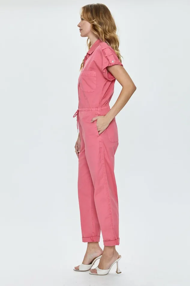 Pistola Denim Jordan Short Sleeve Zip Front Jumpsuit 8211 Pink Punch Women Jumpsuits and Rompers