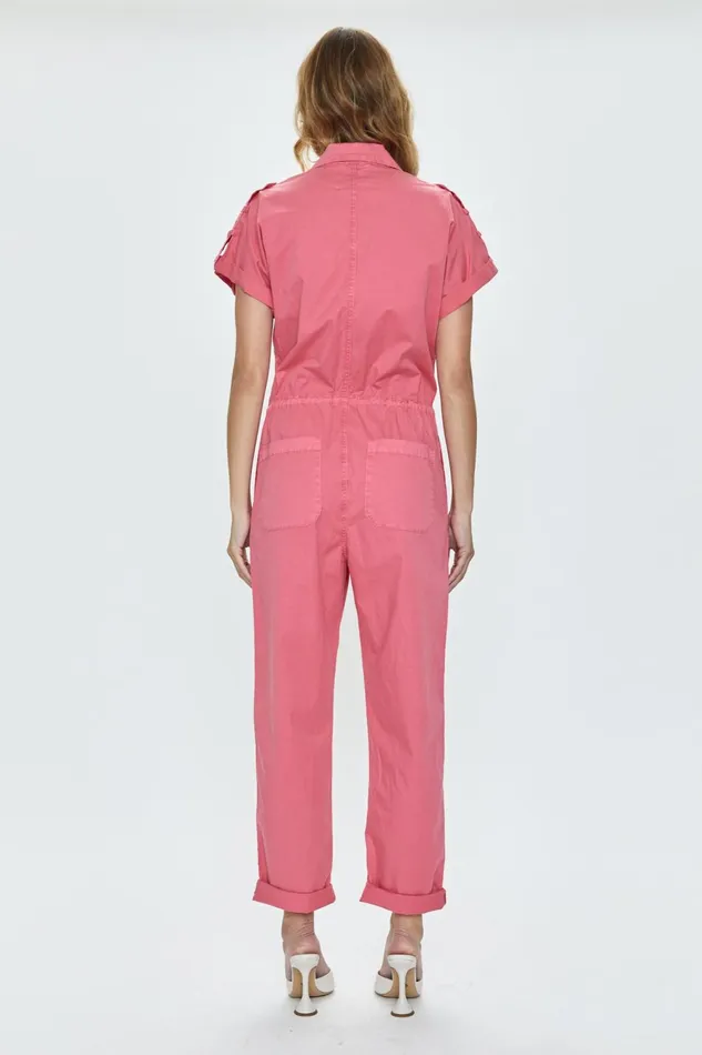 Pistola Denim Jordan Short Sleeve Zip Front Jumpsuit 8211 Pink Punch Women Jumpsuits and Rompers