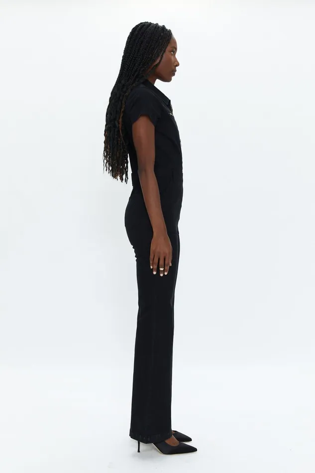 Pistola Denim Martina Short Sleeve Flare Jumpsuit 8211 Black Women Jumpsuits and Rompers