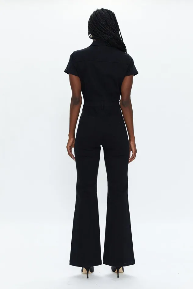 Pistola Denim Martina Short Sleeve Flare Jumpsuit 8211 Black Women Jumpsuits and Rompers
