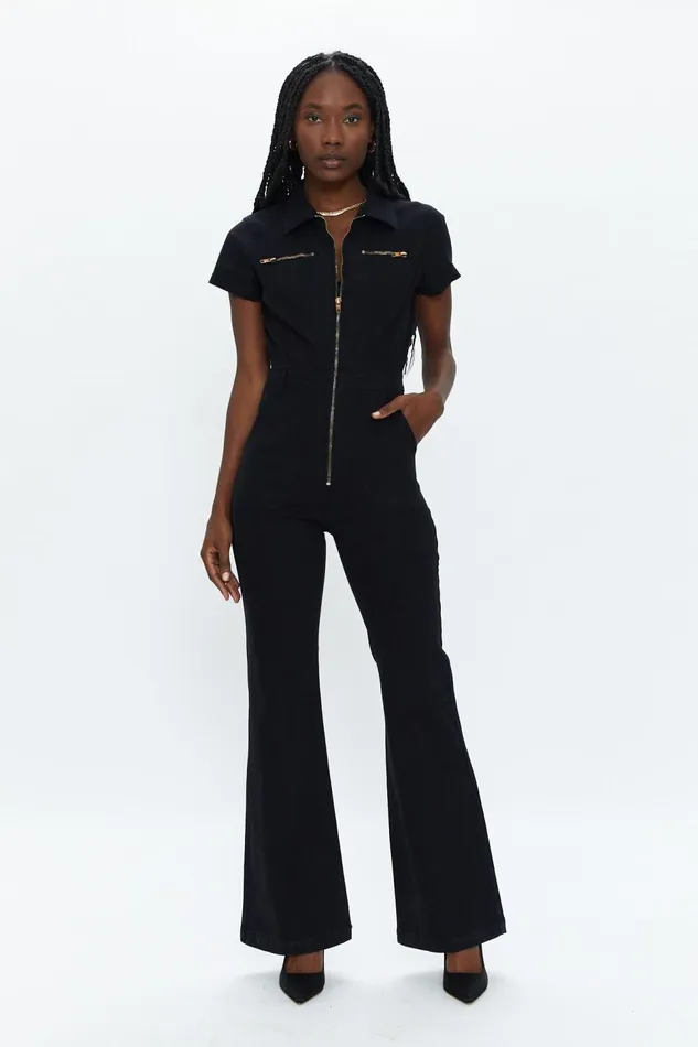 Pistola Denim Martina Short Sleeve Flare Jumpsuit 8211 Black Women Jumpsuits and Rompers