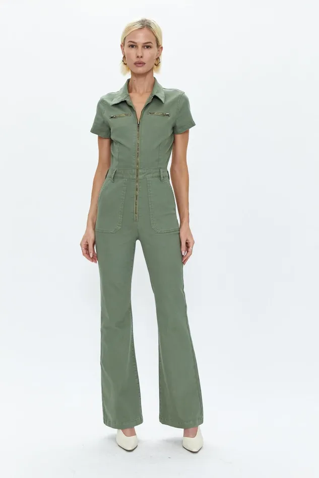 Pistola Denim Martina Short Sleeve Flare Jumpsuit 8211 Colonel Women Jumpsuits and Rompers