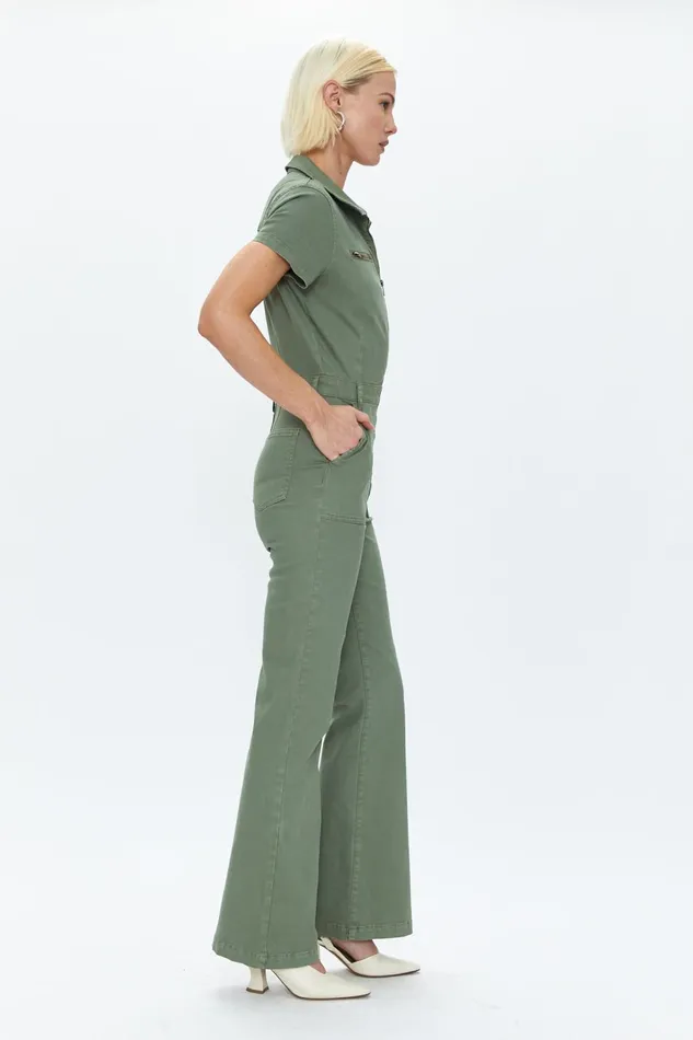 Pistola Denim Martina Short Sleeve Flare Jumpsuit 8211 Colonel Women Jumpsuits and Rompers