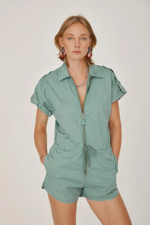 Pistola Denim Meg Short Sleeve Zip Front Romper 8211 Clover Women Jumpsuits and Rompers