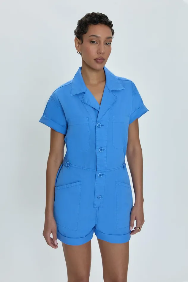 Pistola Denim Parker Short Sleeve Romper 8211 Azure Blue Women Jumpsuits and Rompers