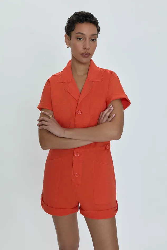 Pistola Denim Parker Short Sleeve Romper 8211 Blood Orange Women Jumpsuits and Rompers