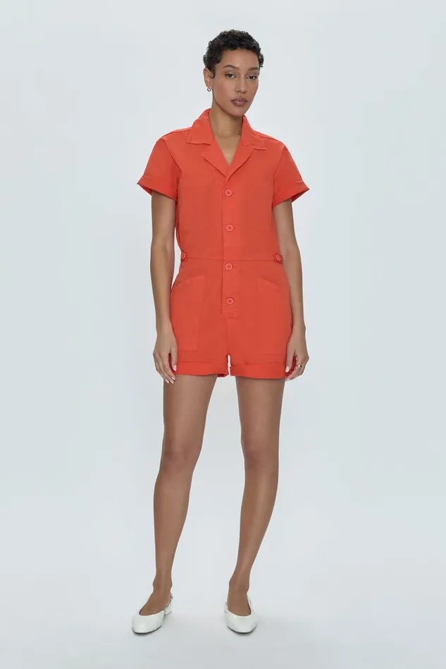 Pistola Denim Parker Short Sleeve Romper 8211 Blood Orange Women Jumpsuits and Rompers