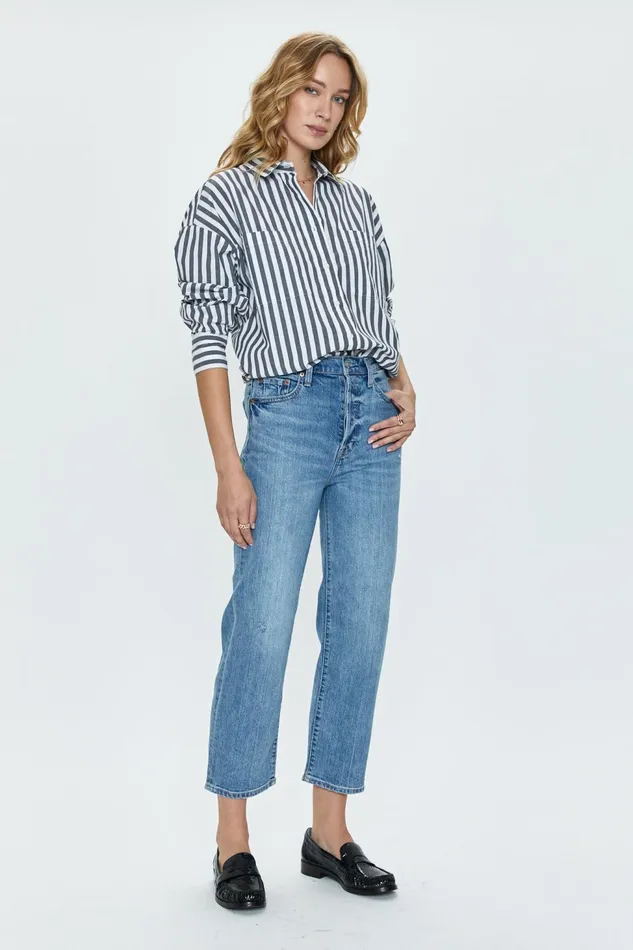 Pistola Denim Rena Button Down Tunic Shirt 8211 Alani Stripe Women Tops