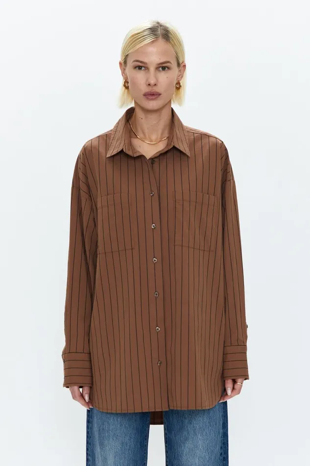 Pistola Denim Rena Button Down Tunic Shirt 8211 Chestnut Noir Stripe Women Tops Pistola Denim Rena Button Down Tunic Shirt 8211 Chestnut Noir Stripe Women Tops
