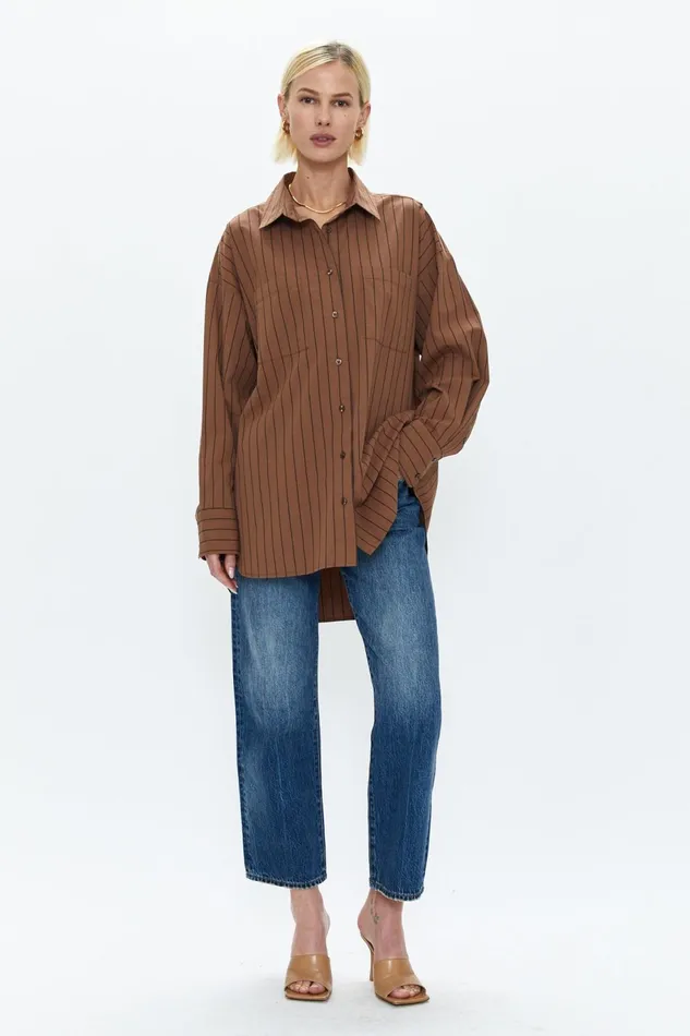 Pistola Denim Rena Button Down Tunic Shirt 8211 Chestnut Noir Stripe Women Tops