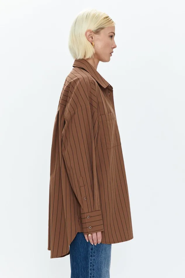 Pistola Denim Rena Button Down Tunic Shirt 8211 Chestnut Noir Stripe Women Tops