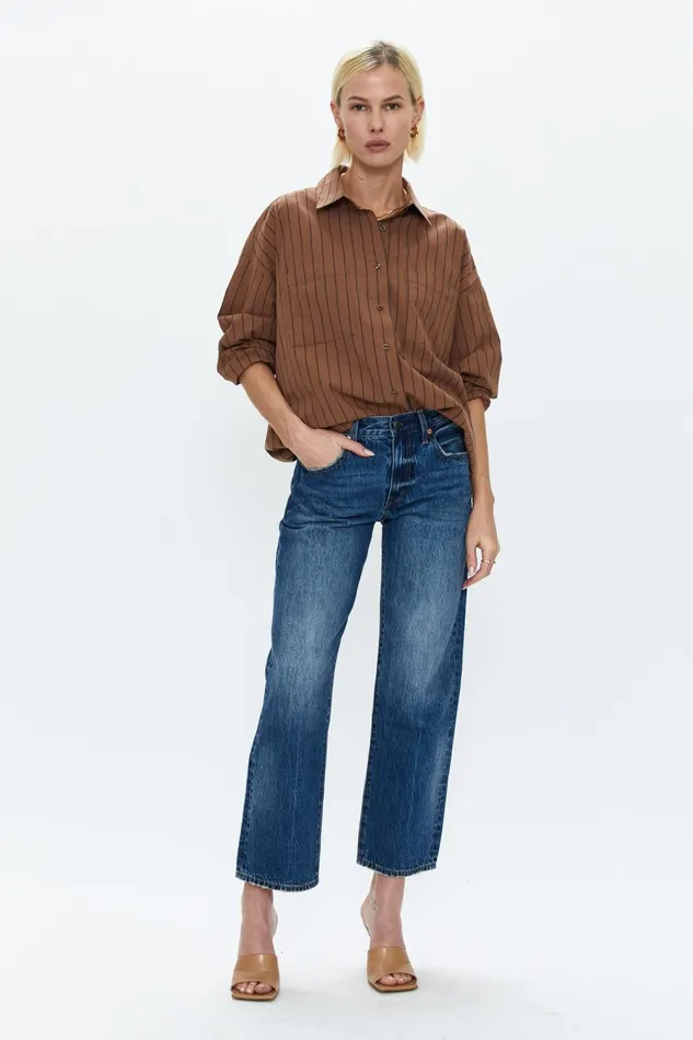 Pistola Denim Rena Button Down Tunic Shirt 8211 Chestnut Noir Stripe Women Tops