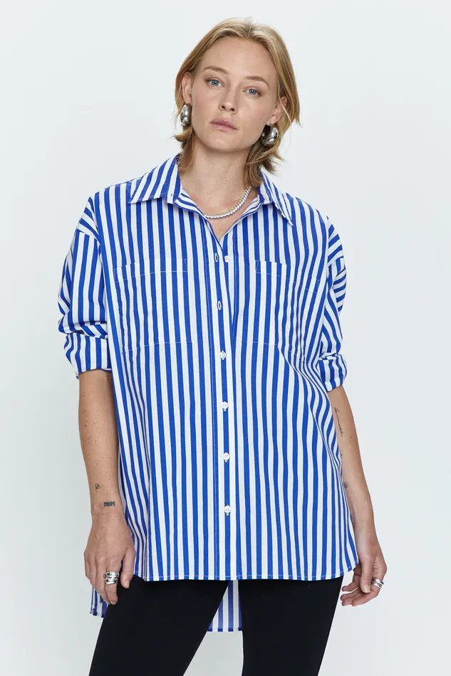 Pistola Denim Rena Button Down Tunic Shirt 8211 Cobalt Stripe Women Tops